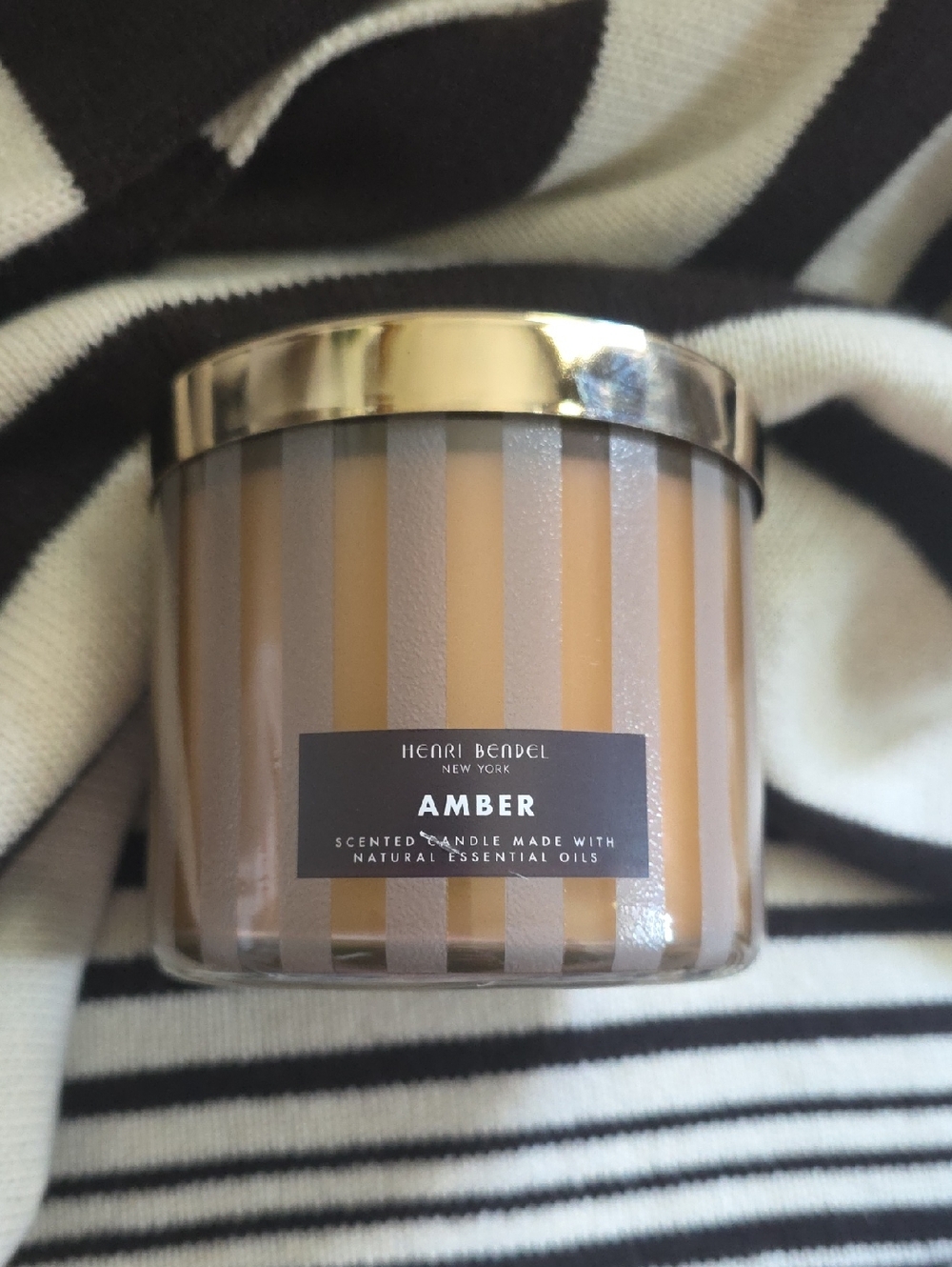 Henri Bendel Amber Scented Candle — Gold & Cream Striped Jar